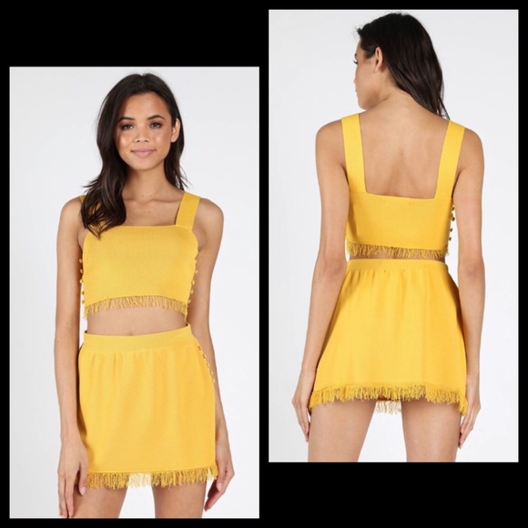 Honey Punch Mustard Knit Fringe Crop Cami Top - Picture 2 of 7